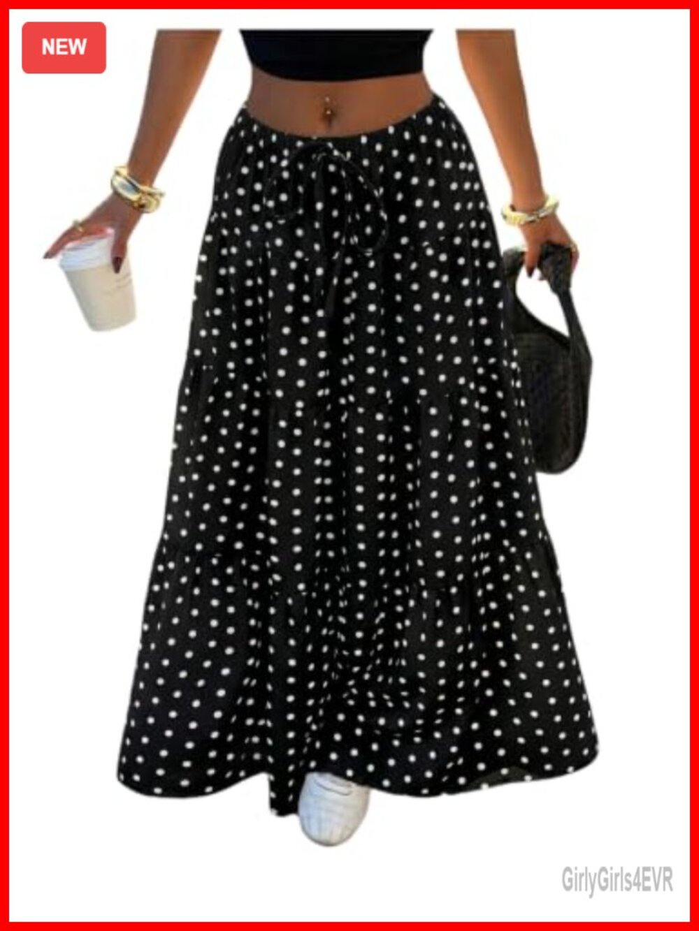 Polka Dots Flowy Tiered Ruffle Maxi Skirt A-Line Drawstring Elastic Waist